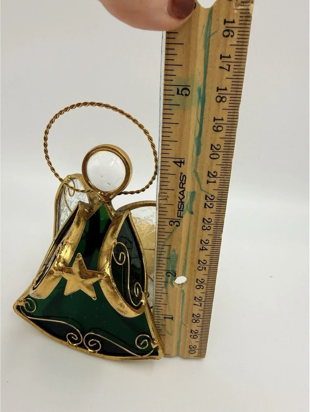 Vintage Stained Glass Green & Gold Tone Metal Angel Tealight Votive Holder 4.5
